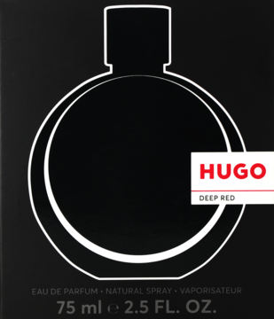 Czarne opakowanie Hugo Deep Red Eau de Parfum 75ml: biały zarys flakonu i czerwone logo w prawym rogu.