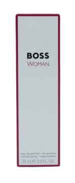Białe pudełko perfum Hugo Boss Boss Woman 75ml, z różową obwódką i czarno-różowym napisem.