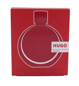 Czerwone pudełko wody perfumowanej Hugo Boss Hugo Woman 75 ml, widok z przodu, z białą grafiką butelki i logo.