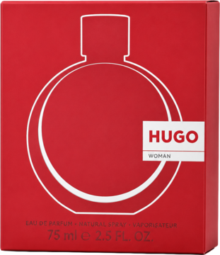 Hugo Woman Eau de Parfum 75ml w czerwonym pudełku z białym konturem flakonu, napisy Hugo Woman, widok z przodu.