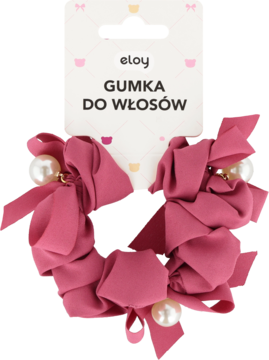 Różowa gumka do włosów Eloy, z marszczonego materiału z perłowymi zdobieniami, widok z przodu.