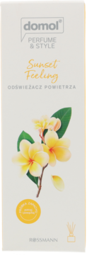 domol PERFUME & STYLE Sunset Feeling, odświeżacz powietrza patyczki, białe pudełko z żółtymi kwiatami, widok z przodu.