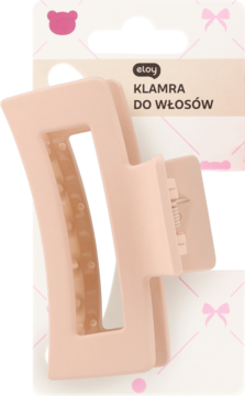 Eloy beżowa, matowa klamra do włosów 8,5 cm, z prostokątnym okienkiem, widok z przodu na tle opakowania.