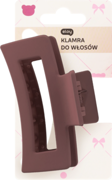 Eloy ciemnobrązowa matowa klamra do włosów z okienkiem 8,5 cm, widok z przodu na firmowym opakowaniu.