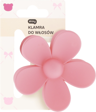 Eloy klamra do włosów jasnoróżowa, w kształcie kwiatu z pięcioma płatkami, częściowo na opakowaniu.