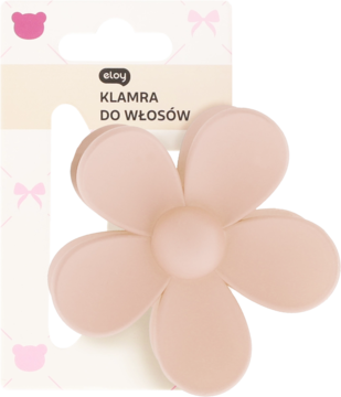 Beżowa klamra do włosów Eloy w kształcie kwiatu, matowy plastik, na białym opakowaniu. Widok z przodu.