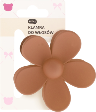 Eloy brązowa klamra do włosów w kształcie matowego kwiatu z pięcioma płatkami, widok z przodu na opakowaniu.