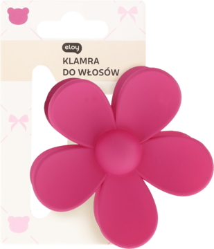 Eloy klamra do włosów w kształcie ciemnoróżowego kwiatu, matowa, na białym opakowaniu, widok z przodu.