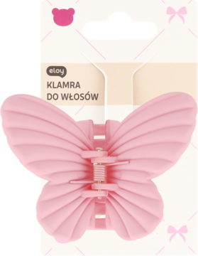 Eloy klamra do włosów w kształcie jasnoróżowego motyla, z karbowanymi skrzydłami, widok z przodu w opakowaniu.