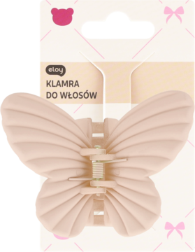 Eloy beżowa klamra do włosów motyl z prążkowanymi skrzydełkami na opakowaniu, widok z przodu.