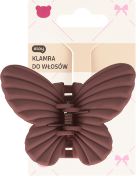 Eloy klamra do włosów motyl ciemnobrązowa 7,5 cm, z teksturowanymi skrzydłami na opakowaniu. Widok z przodu.