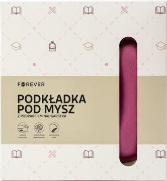 Podkładka pod mysz Forever z podparciem nadgarstka w biało-brązowym opakowaniu, z różowym elementem widocznym.
