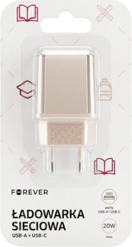 Ładowarka sieciowa Forever USB-A+USB-C 20W w beżowym kolorze, na białym blistrze, widok z przodu.