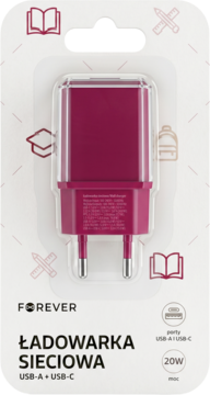 Różowa ładowarka Forever 20W USB-A+USB-C w przezroczystym blistrze na kartonie z grafikami szkolnymi.