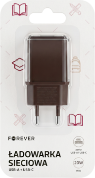 Brązowa ładowarka sieciowa Forever 20W z portami USB-A i USB-C, w zafoliowanym opakowaniu, widok z przodu.