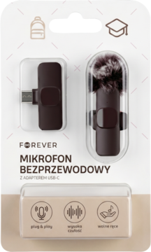 Mikrofon bezprzewodowy Forever z adapterem USB-C w opakowaniu, ciemnobrązowy mikrofon z futerkiem, widok z przodu.