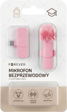 Różowy mikrofon bezprzewodowy USB-C FOREVER w przezroczystym opakowaniu detalicznym, widok z przodu.