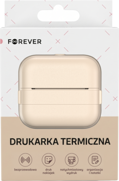 Drukarka termiczna Forever w beżowym etui, na białym pudełku, z ikonami funkcji: bezprzewodowa, druk naklejek.