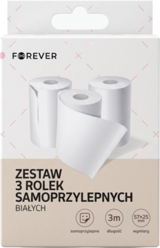 Zestaw 3 białych samoprzylepnych rolek Forever 57x25mm w pudełku, jedna rozwinięta, widok z przodu.