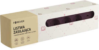 Forever listwa zasilająca z 4 gniazdami, w beżowym pudełku z wycięciem ukazującym ciemną listwę, widok boczny.