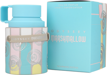 Armaf Odyssey Marshmallow EDP, butelka i pudełko w pastelowe paski z kółkami, na ciemnym tle.
