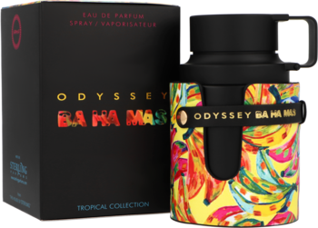 Odyssey Ba Ha Mas woda perfumowana, czarne pudełko i butelka z kolorowym tropikalnym wzorem bananów.