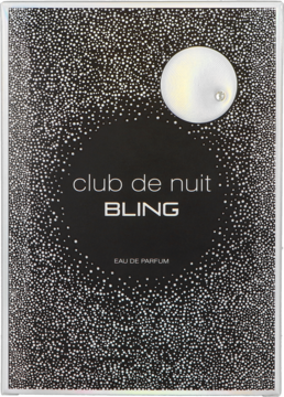 Front opakowania Armaf Club De Nuit Bling EDP. Czarne, błyszczące pudełko z srebrnym napisem i okrągłym klejnotem.