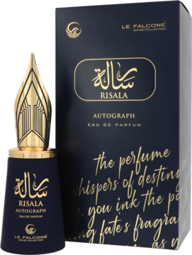 Le Falcone Risala Autograph, ciemnoniebieski flakon perfum ze złotym korkiem, stoi przed dopasowanym pudełkiem.