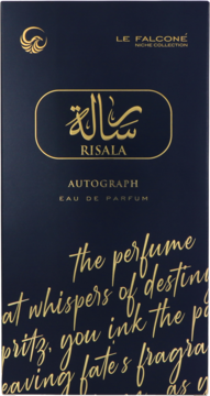 Le Falcone Risala Autograph w ciemnym, prostokątnym opakowaniu EDP. Złote logo, nazwa i cytat, widok przód.