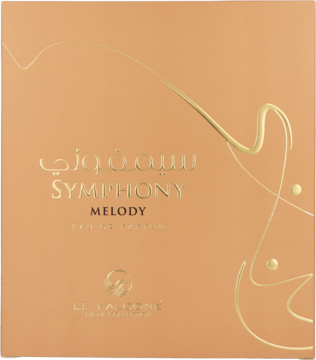 Frontowe opakowanie Le Falcone Symphony Melody EDP 100ml, brzoskwiniowe ze złotymi wzorami i tekstem.