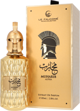 Złoty flakon Le Falcone Muharib Alpha Extrait De Parfum 85ml z hełmem Spartanina i dopasowane pudełko.