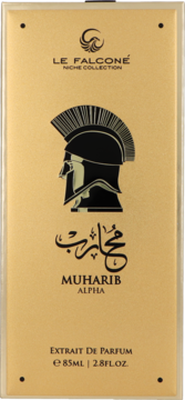 Złoty kartonik perfum Le Falcone Muharib Alpha Extrait De Parfum 85ml, z czarnym hełmem, widok z przodu.