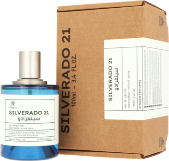 Amaran Silverado 21 Eau de Parfum 100ml, niebieska butelka z silver cap i brązowe pudełko, widok z przodu.