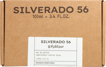 Kartonowe opakowanie perfum Amaran Silverado 56 Eau de Parfum 100ml, brązowe z białymi etykietami i czarnym tekstem.
