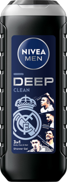 Nivea Men Deep Clean 3in1 żel pod prysznic w czarnej butelce z logo Realu Madryt i piłkarzami, widok z przodu.