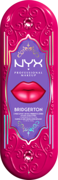 NYX Bridgerton, 2-częściowy zestaw do ust w błyszczącym, fuksjowym etui z fioletowym panelem, złotymi zdobieniami.