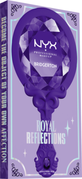 Fioletowe lusterko NYX Bridgerton Royal Reflections z ozdobnym uchwytem, widoczne na jasnofioletowym opakowaniu.
