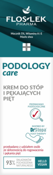 Floslek Podology Care krem do stóp na pękające pięty, z mocznikiem, biała etykieta z zielonymi akcentami, widok z przodu.