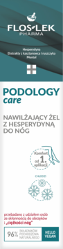 FlosLek Podology Care: nawilżający żel do nóg z hesperydyną, wegański, biało-zielone opakowanie, front.