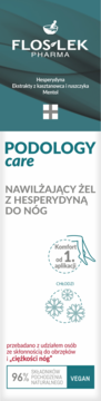 Flos-Lek Pharma Podology Care nawilżający żel z hesperydyną do nóg, biało-turkusowa butelka, widok z przodu.