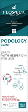 FLOS LEK PHARMA PODOLOGY care spray do nóg z hesperydyną. Tealowo-białe opakowanie, front, na ciężkie nogi.