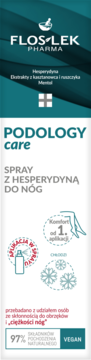 Floslek Podology Care spray do nóg z hesperydyną w białej butelce na tealowym tle, widok z przodu.