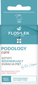 Floslek Podology Care regenerujący sztyft do pięt, wegański, w turkusowo-białym opakowaniu, widok z przodu.