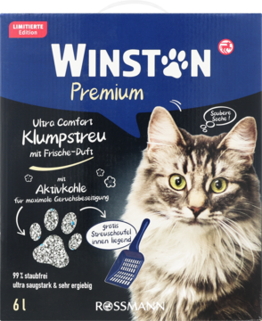 Winston Premium Ultra Comfort Klumpstreu ze świeżym zapachem i węglem, granatowa torba z kotem, widok z przodu.
