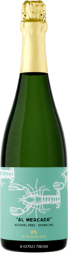 AL MERCADO alcohol-free sparkling w zielonej butelce z złotą folią, turkusową etykietą z homarami, widok z przodu.