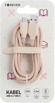 Beżowy kabel Forever USB-A/USB-C 1.5m, pleciony nylonem, w wiszącym opakowaniu z elementami szkolnymi, widok z przodu.