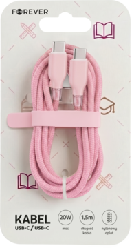 Kabel USB-C Forever 1,5m, różowy, pleciony oplot, 20W, w białym opakowaniu blister, widok z przodu.