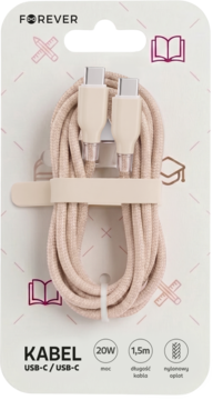 Beżowy kabel USB-C/USB-C FOREVER 20W 1,5m w oplocie, w opakowaniu z grafikami edukacyjnymi, widok z przodu.