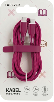Różowy, pleciony kabel USB-C do USB-C 20W, 1.5m, w białym opakowaniu Forever z logo. Widok z przodu.