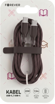 Brązowy, pleciony kabel Forever USB-C/USB-C 1,5m 20W, zwinięty w opakowaniu z grafikami edukacyjnymi.